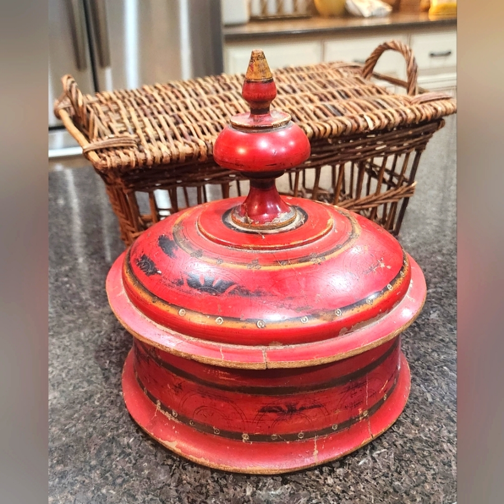 1800's Old Antique Wooden Red Lacquer Painted Indian Spice Box Tikka Kumkum Box‎